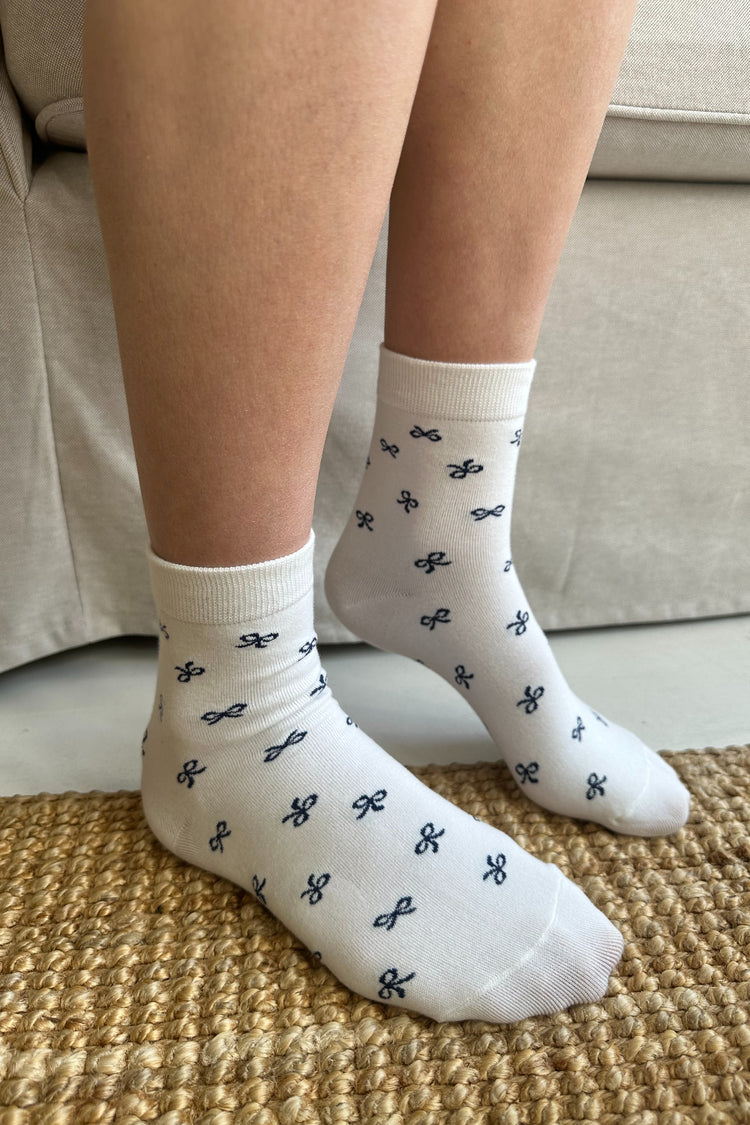 Bow Socks | White With Navy Bows