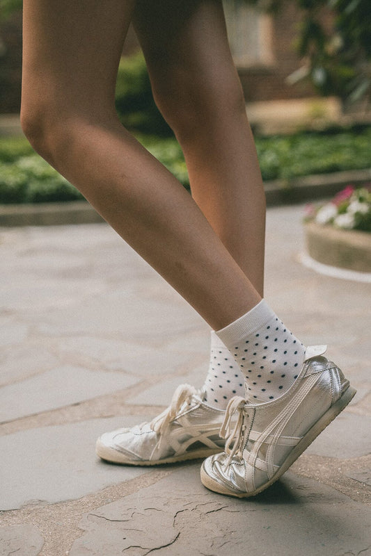 White Navy Polka Dots
