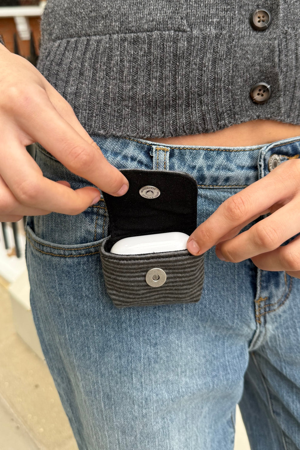 Striped Mini KeyChain Bag | Grey Charcoal Stripes