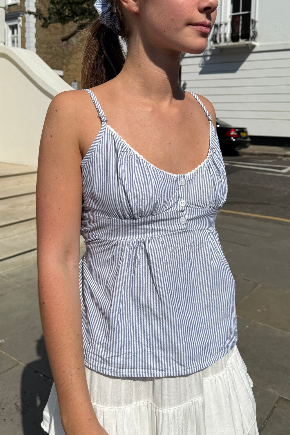 White And Navy Blue Thin Vertical Stripes / XS/S