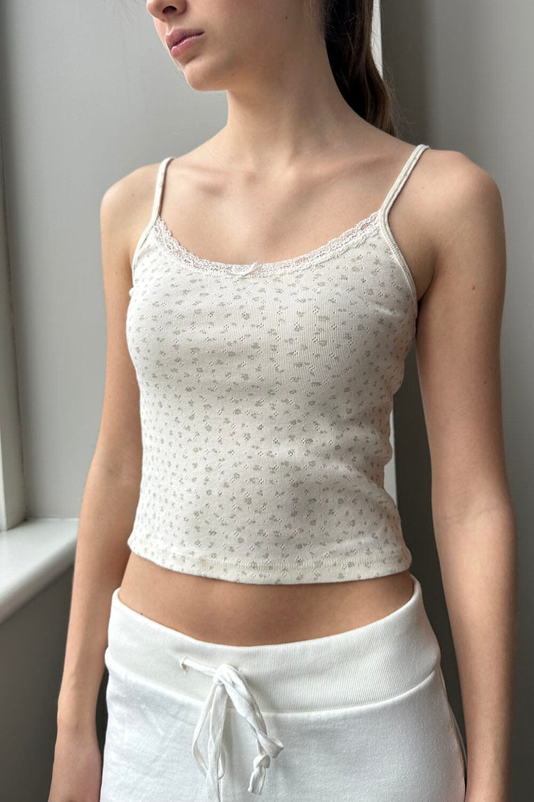 Skylar Floral Eyelet Lace Tank | Ivory With Green Sage Daisies / XS/S