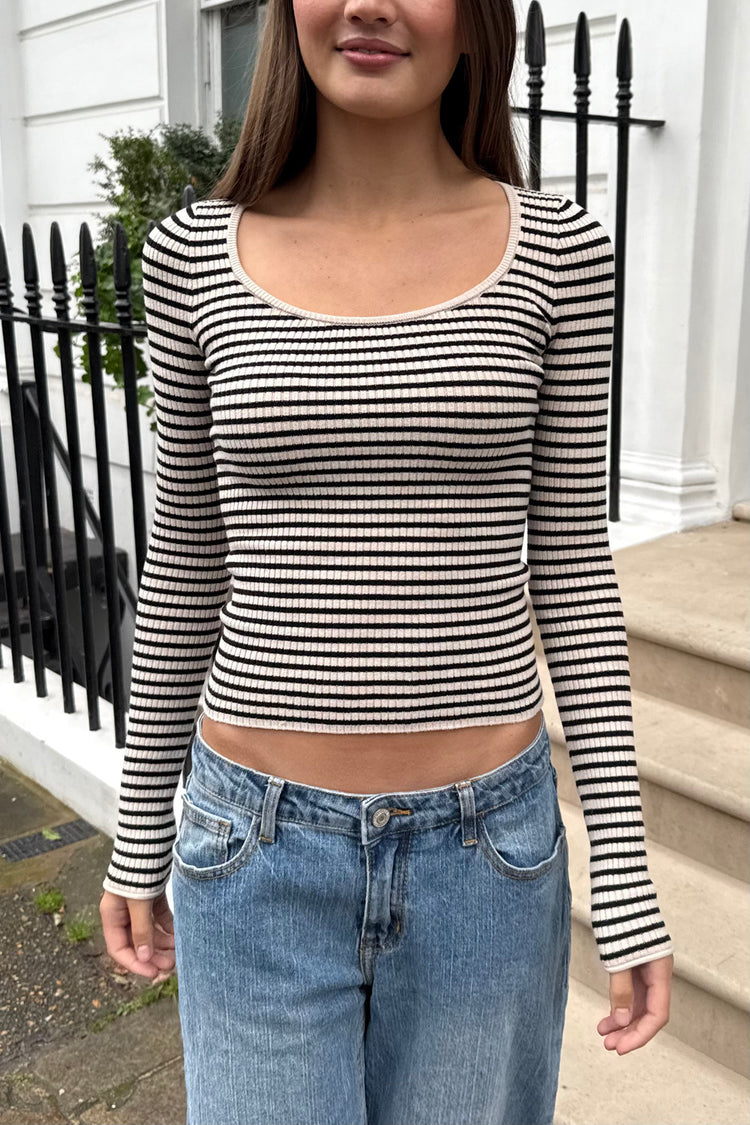 Jillian Ribbed Stripe Top | Black Ivory Stripes / XS/S