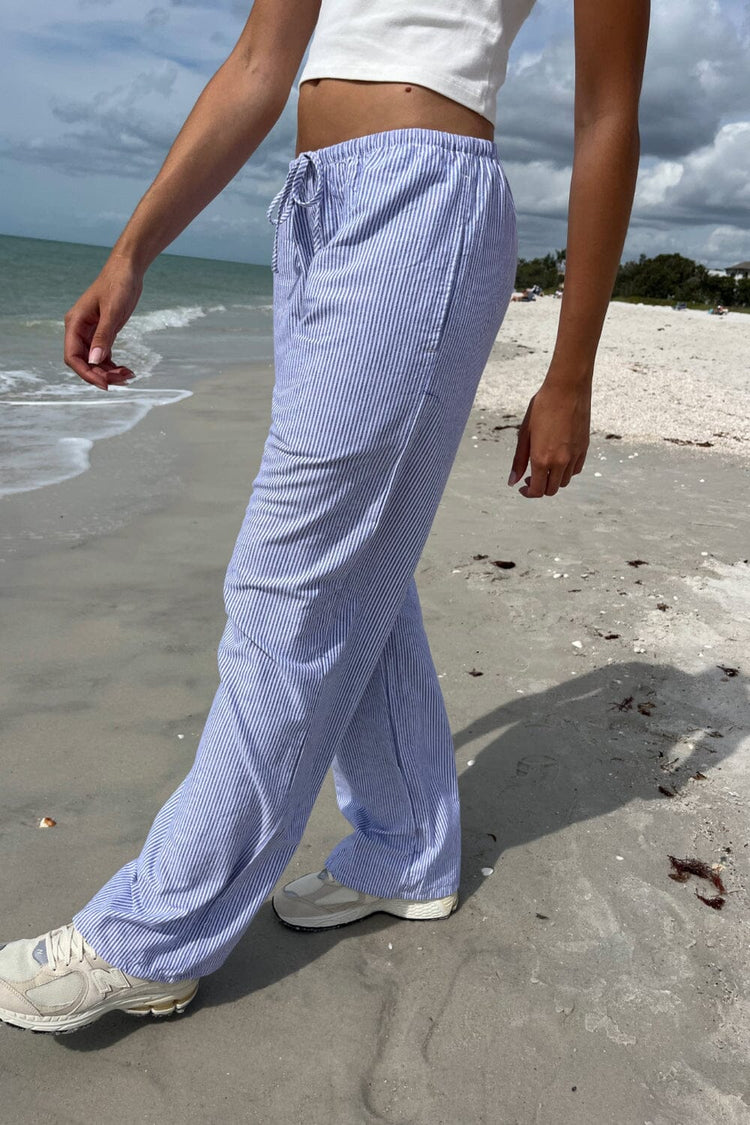 Marie Lou Linen Pants | Vertical Blue White Stripes / S/M