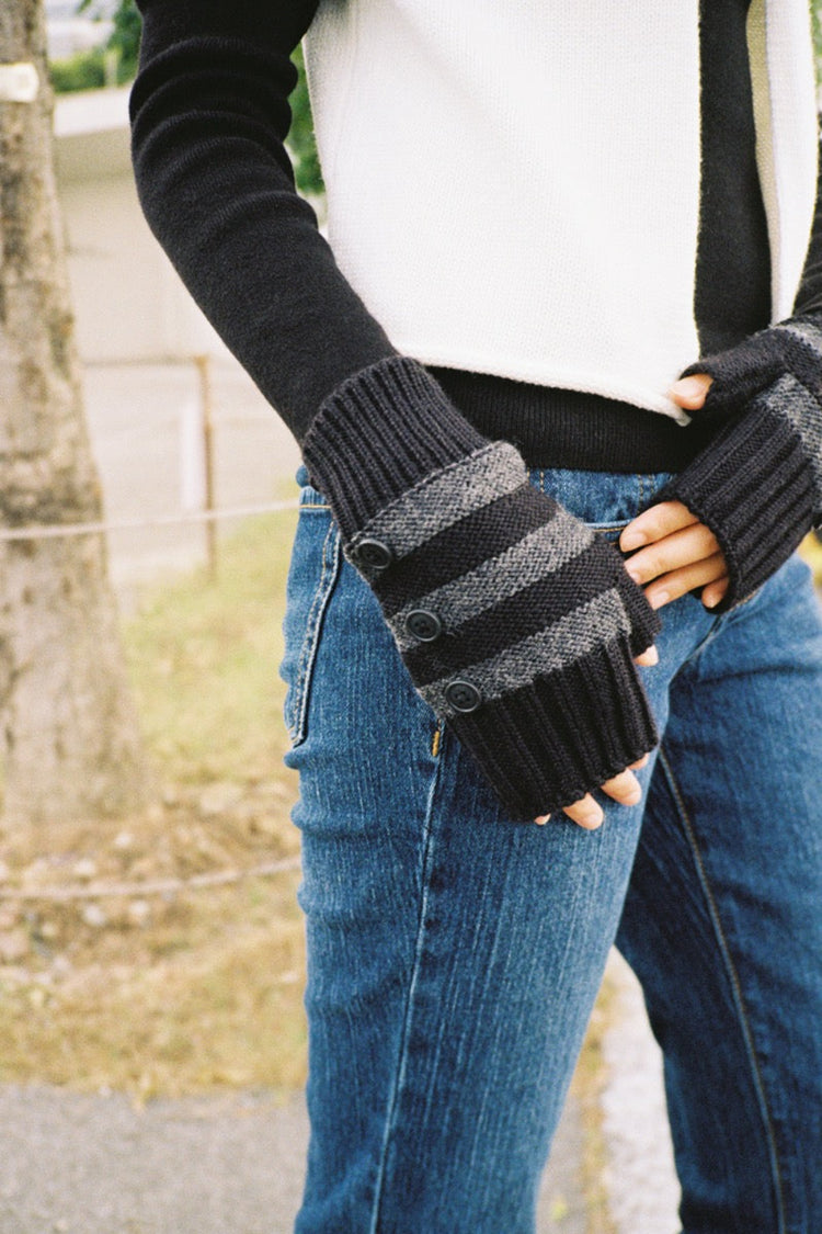 Fingerless Wool Striped Gloves | Charcoal And Black Stripes