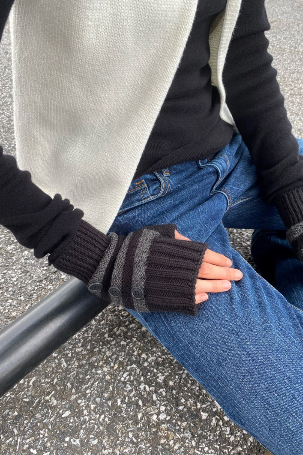 Fingerless Wool Striped Gloves | Charcoal And Black Stripes