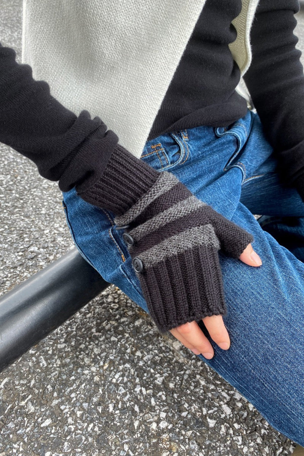 Fingerless Wool Striped Gloves | Charcoal And Black Stripes