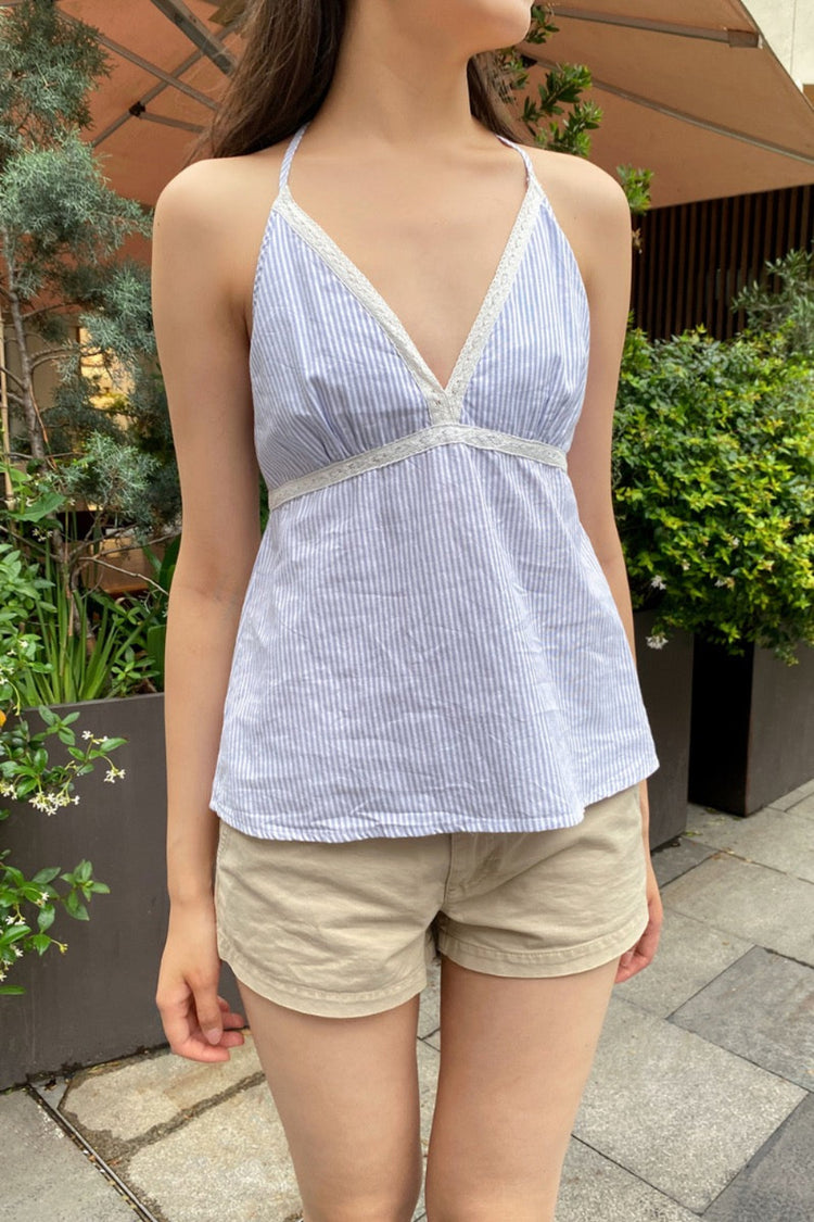 Edith Striped Halter Tank | Light Blue Vertical White Stripes / XS/S
