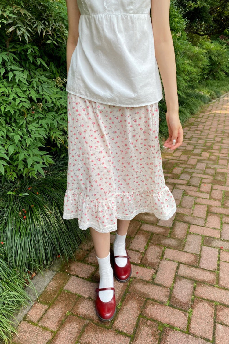 Justine Floral Skirt | White With Red Roses / XS/S