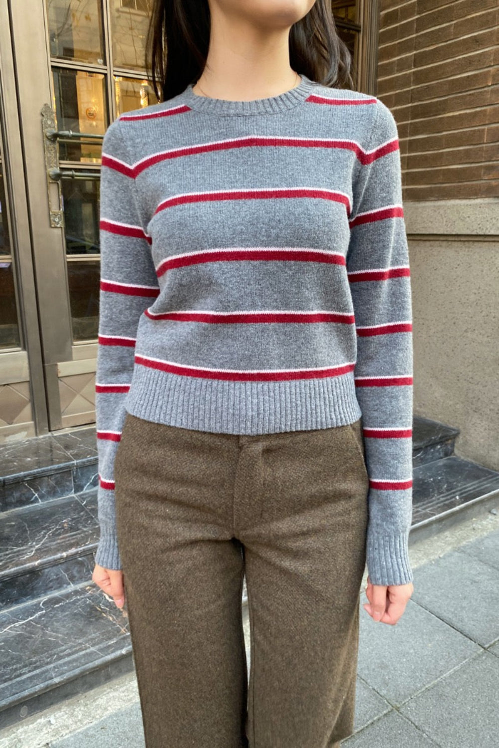 Martha Wool Stripe Sweater | Heather Grey White Red Stripes / XS/S