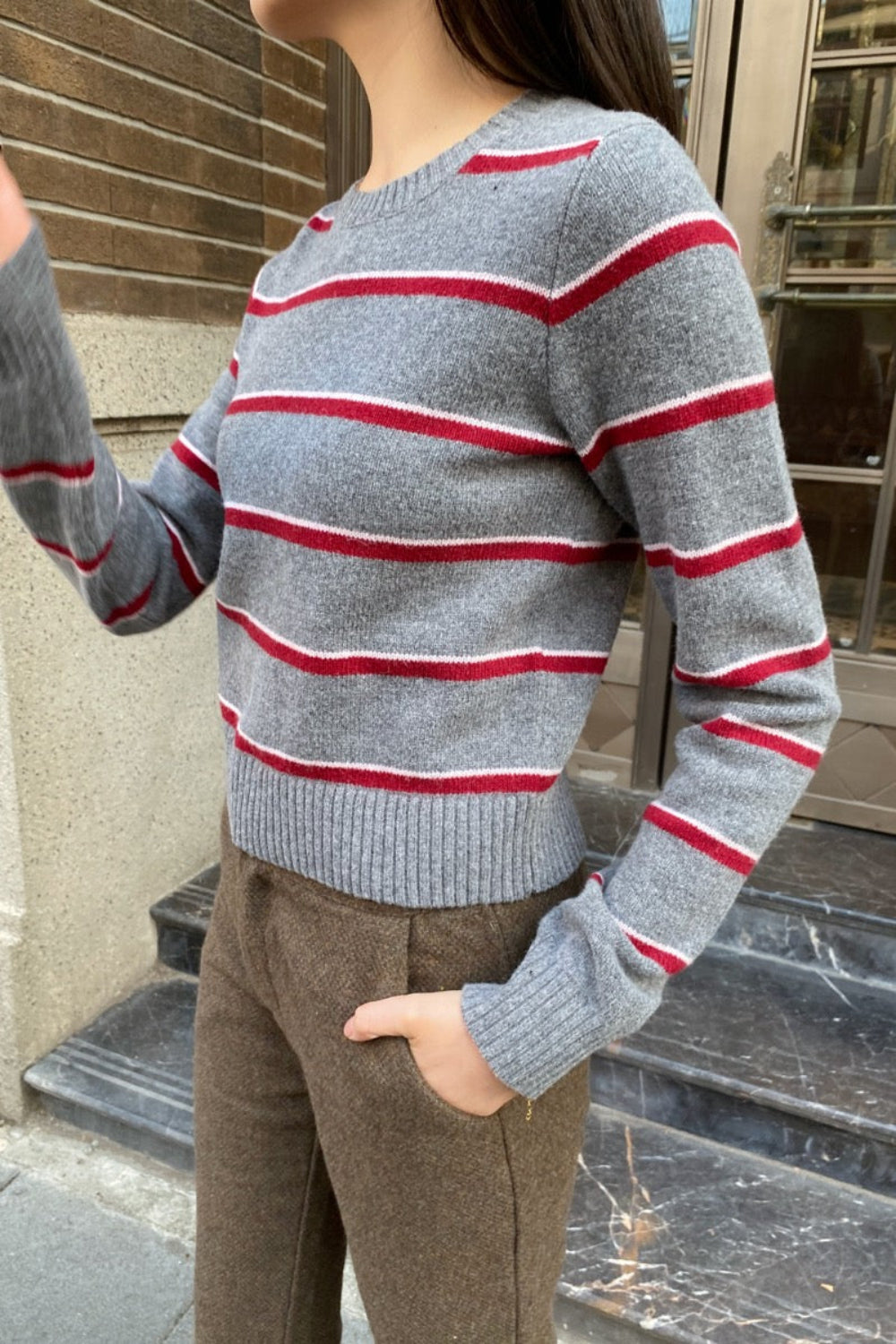 Martha Wool Stripe Sweater | Heather Grey White Red Stripes / XS/S