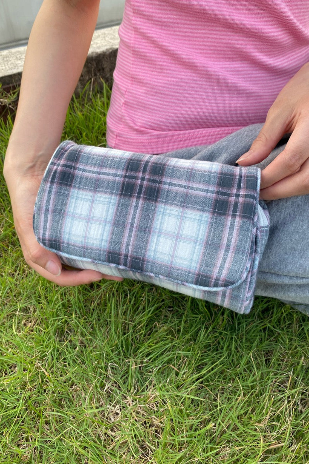 Plaid Makeup Bag | Grey With Pink And White Plaid