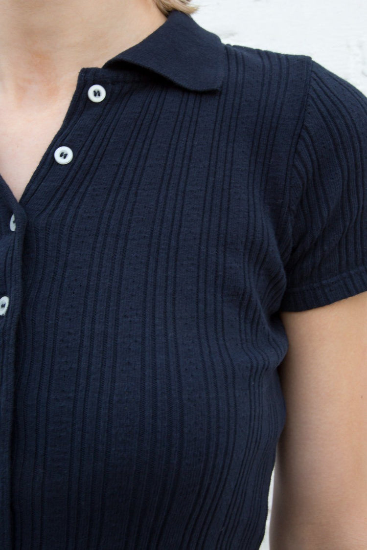 Caroline Ribbed Eyelet Top | Navy Blue / XS/S