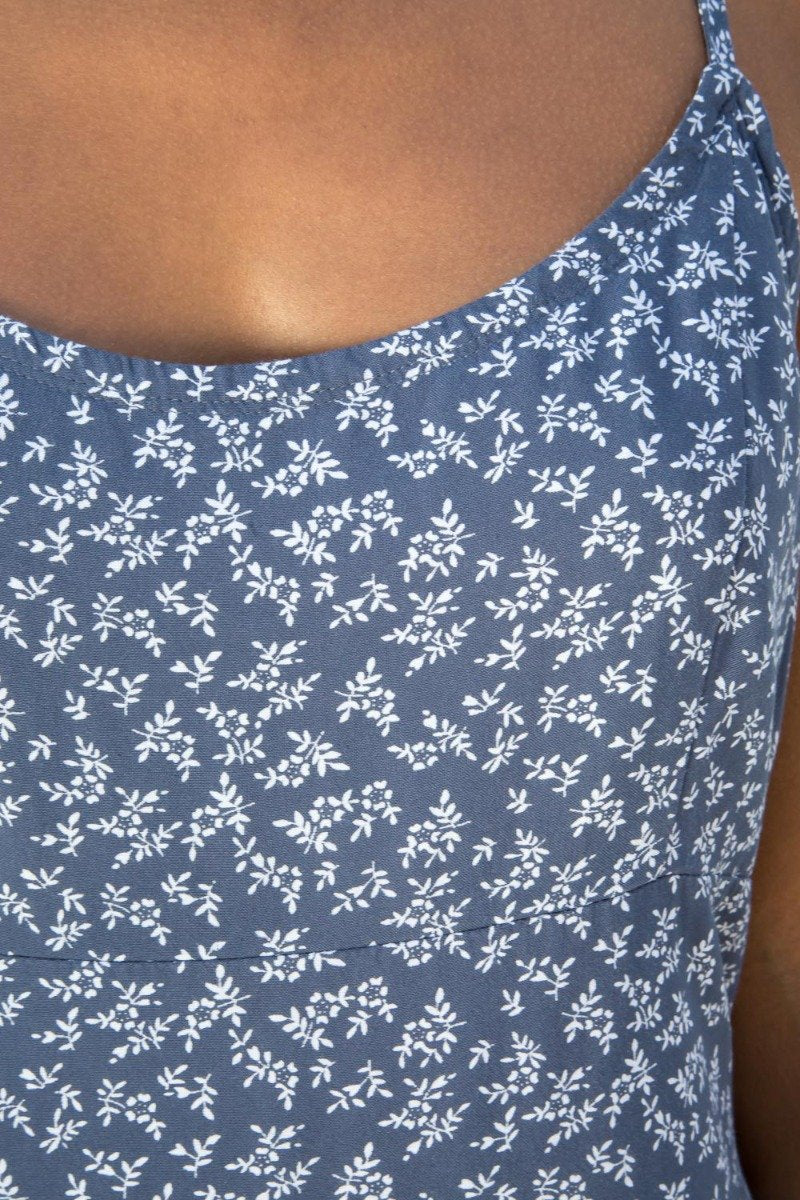 Colleen Dress | Blue with White Leaf Floral / S