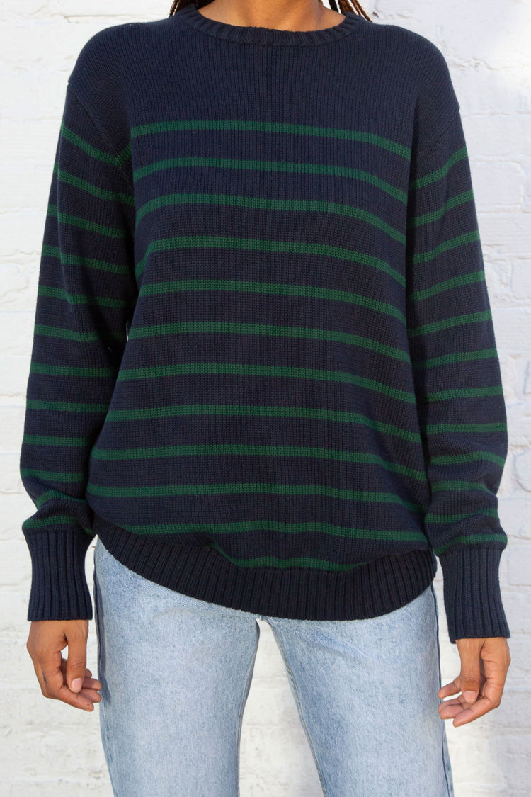 Brianna Cotton Thin Stripe Sweater | Navy Blue And Thin Dark Green Stripes / Oversized Fit