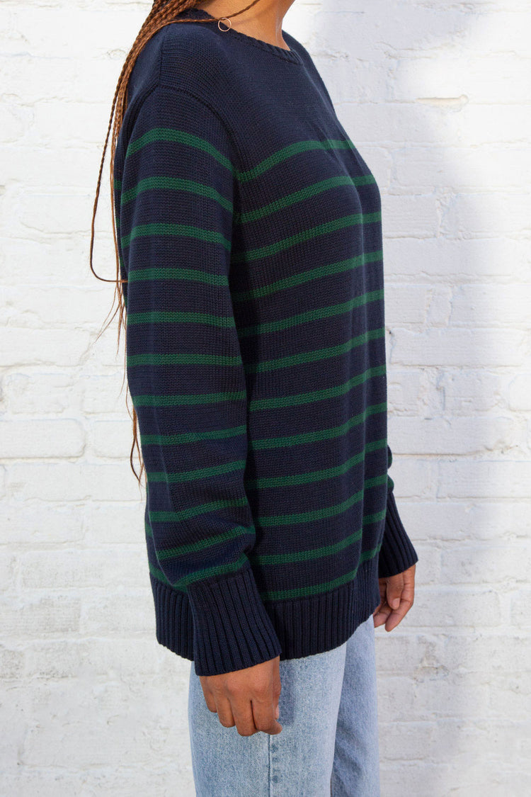 Navy Blue And Thin Dark Green Stripes / Oversized Fit