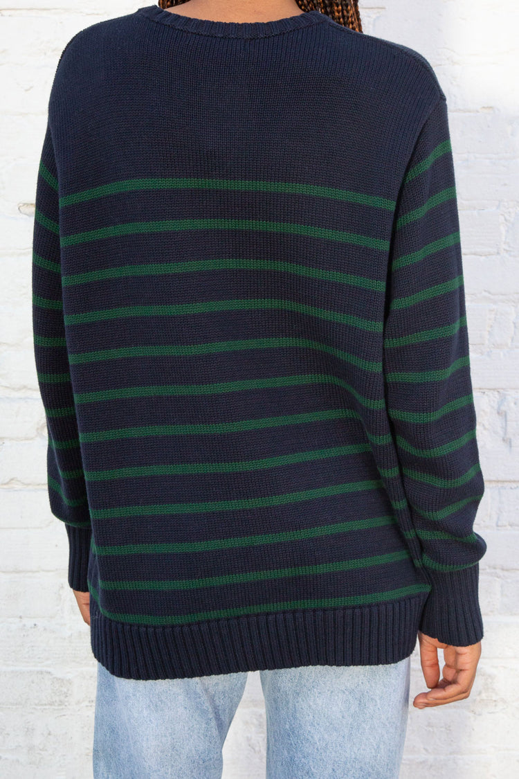 Navy Blue And Thin Dark Green Stripes / Oversized Fit
