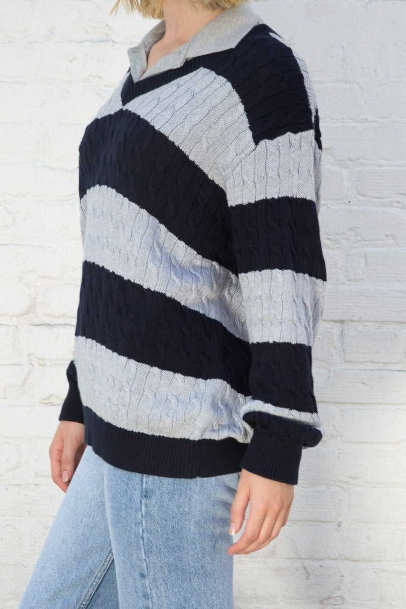 Nikki Cotton Striped Sweater | Grey and Navy Stripe / Oversized Fit