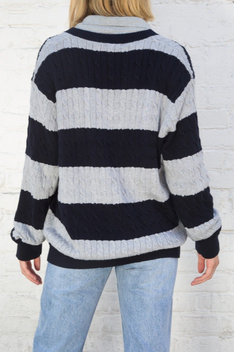 Nikki Cotton Striped Sweater | Grey and Navy Stripe / Oversized Fit