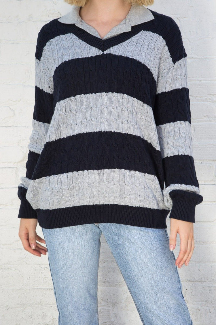Nikki Cotton Striped Sweater | Grey and Navy Stripe / Oversized Fit