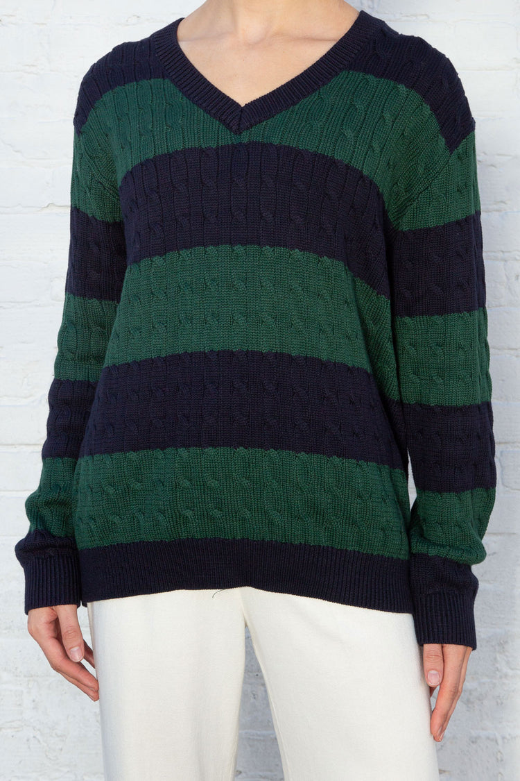 Nikki Cotton Striped Sweater | Navy Blue and Dark Green Stripes / Oversized Fit