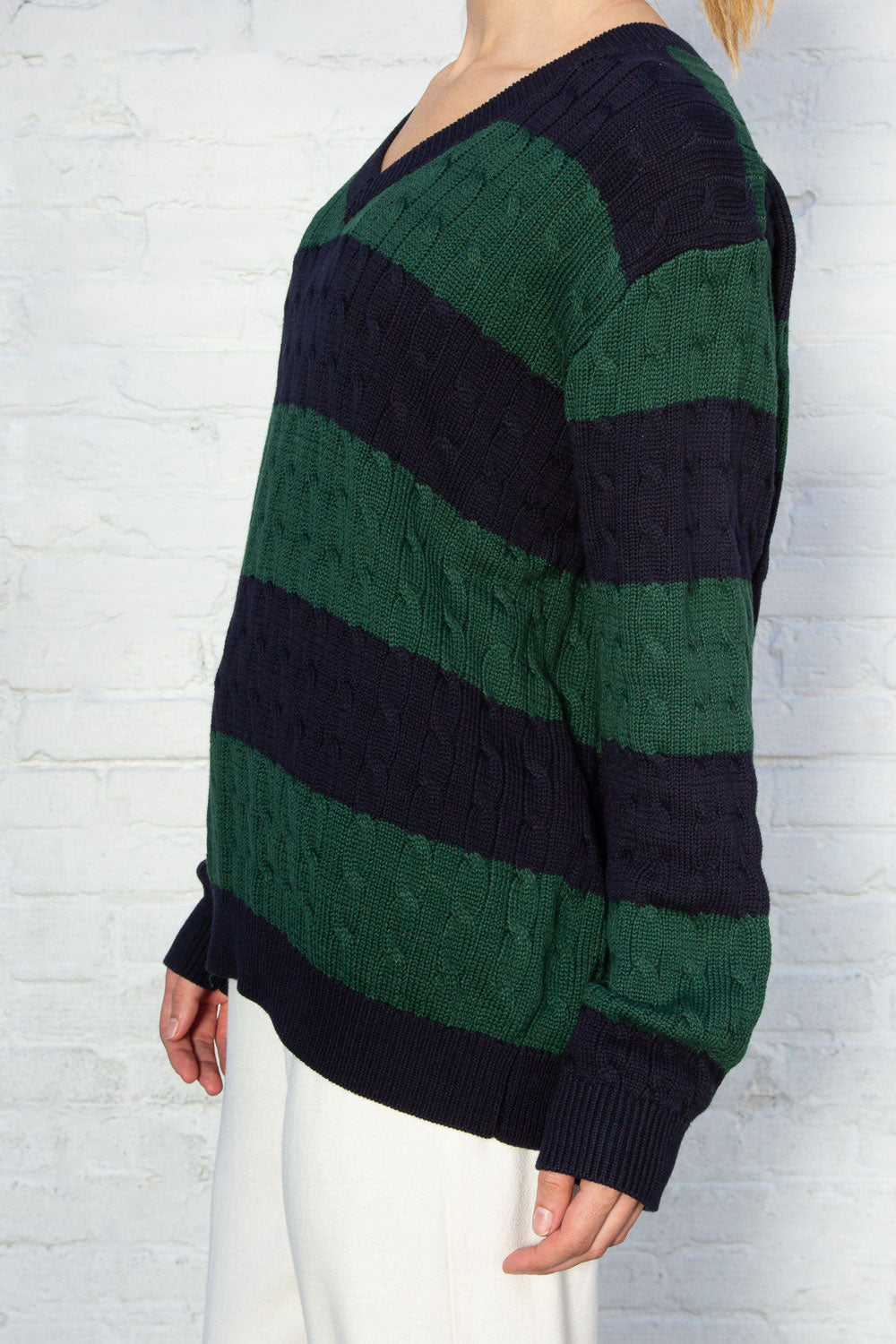 Nikki Cotton Striped Sweater | Navy Blue and Dark Green Stripes / Oversized Fit