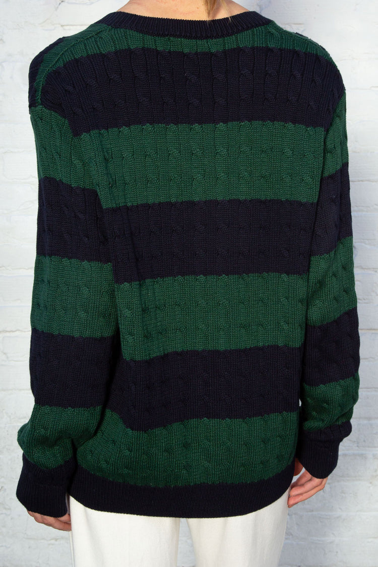 Nikki Cotton Striped Sweater | Navy Blue and Dark Green Stripes / Oversized Fit