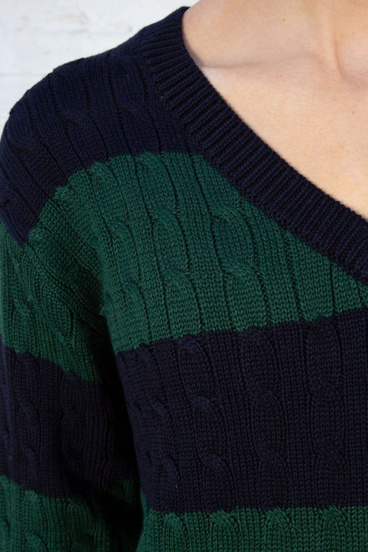Nikki Cotton Striped Sweater | Navy Blue and Dark Green Stripes / Oversized Fit