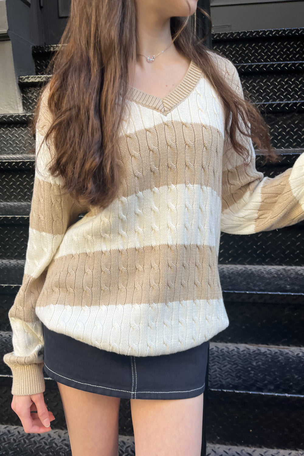 Nikki Cotton Striped Sweater | Tan and White Stripes / Oversized Fit