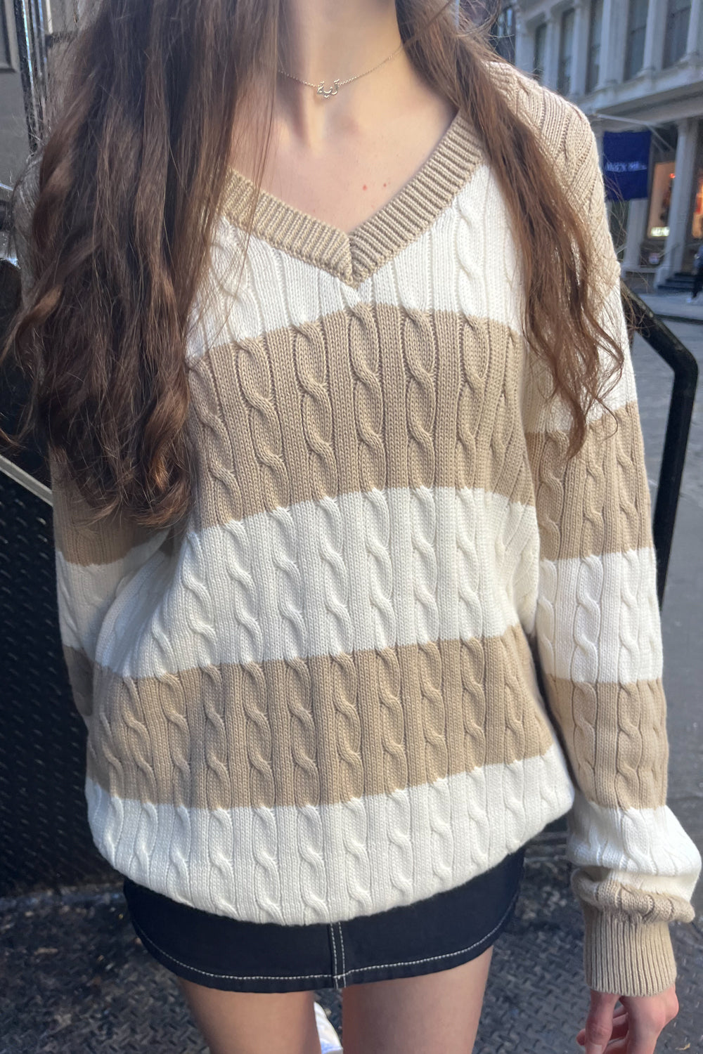 Nikki Cotton Striped Sweater | Tan and White Stripes / Oversized Fit