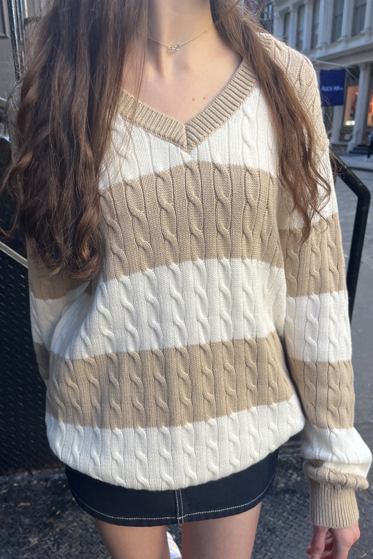 Nikki Cotton Striped Sweater | Tan and White Stripes / Oversized Fit