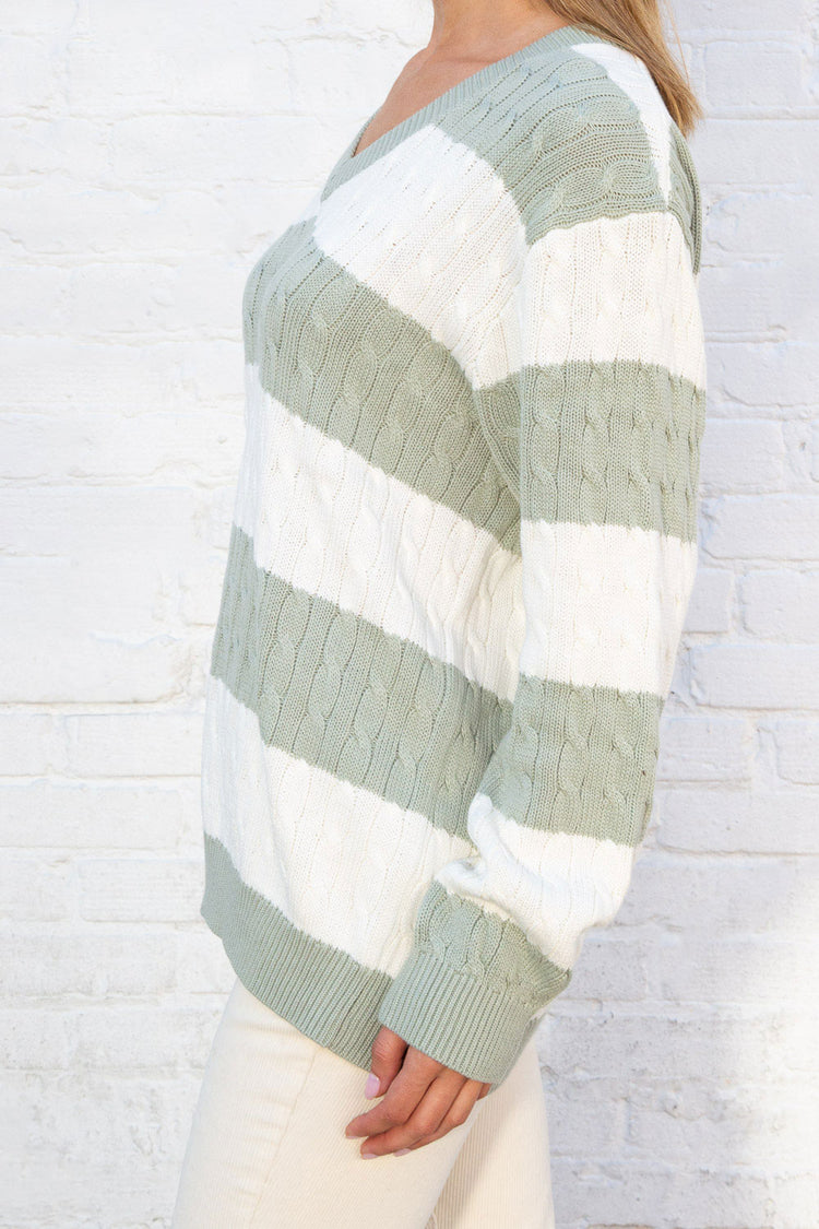 Nikki Cotton Striped Sweater | White With Mint Green Stripes / Oversized Fit