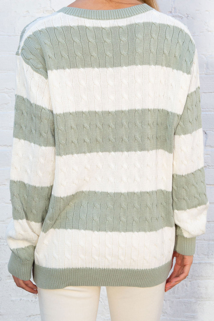 Nikki Cotton Striped Sweater | White With Mint Green Stripes / Oversized Fit