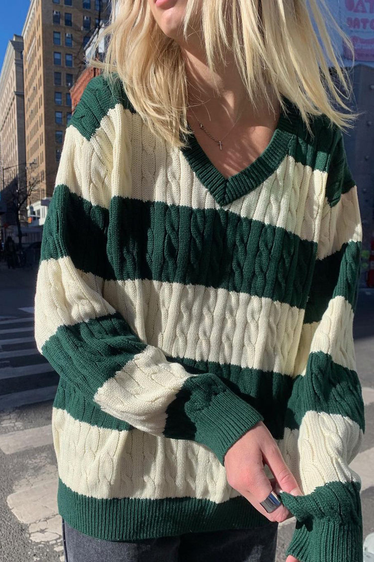 Nikki Cotton Striped Sweater | Dark Green Ivory / Oversized Fit