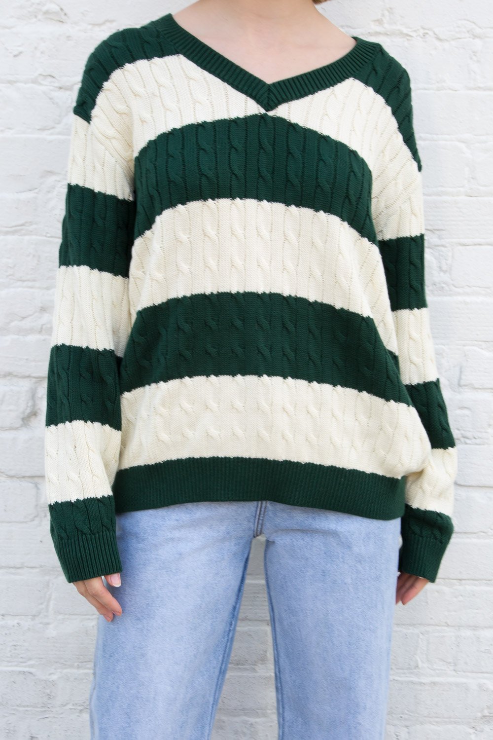 Nikki Cotton Striped Sweater | Dark Green Ivory / Oversized Fit