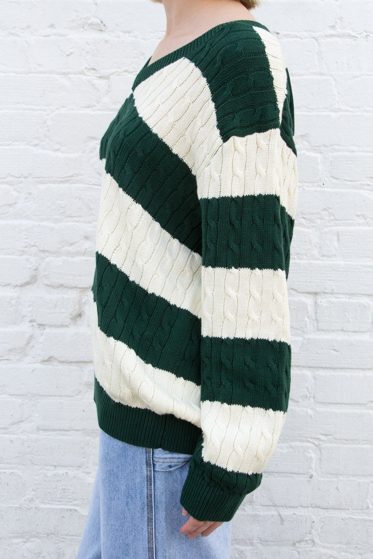 Nikki Cotton Striped Sweater | Dark Green Ivory / Oversized Fit