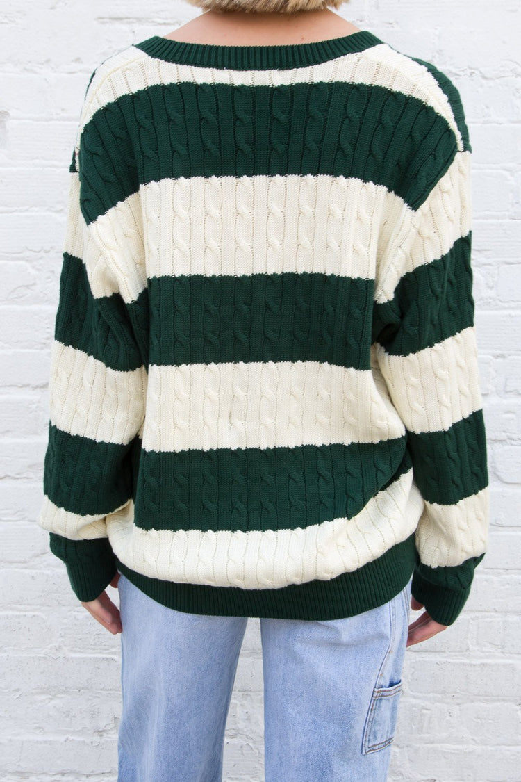 Nikki Cotton Striped Sweater | Dark Green Ivory / Oversized Fit