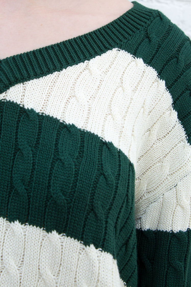 Nikki Cotton Striped Sweater | Dark Green Ivory / Oversized Fit