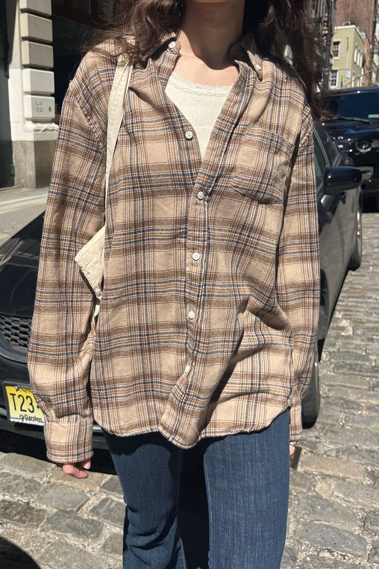 Hazel Flannel | Sand Navy Brown Plaid / S/M