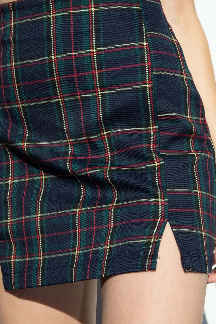 Cara Skirt | Navy Blue With Dark Green Red and Yellow Plaid / S