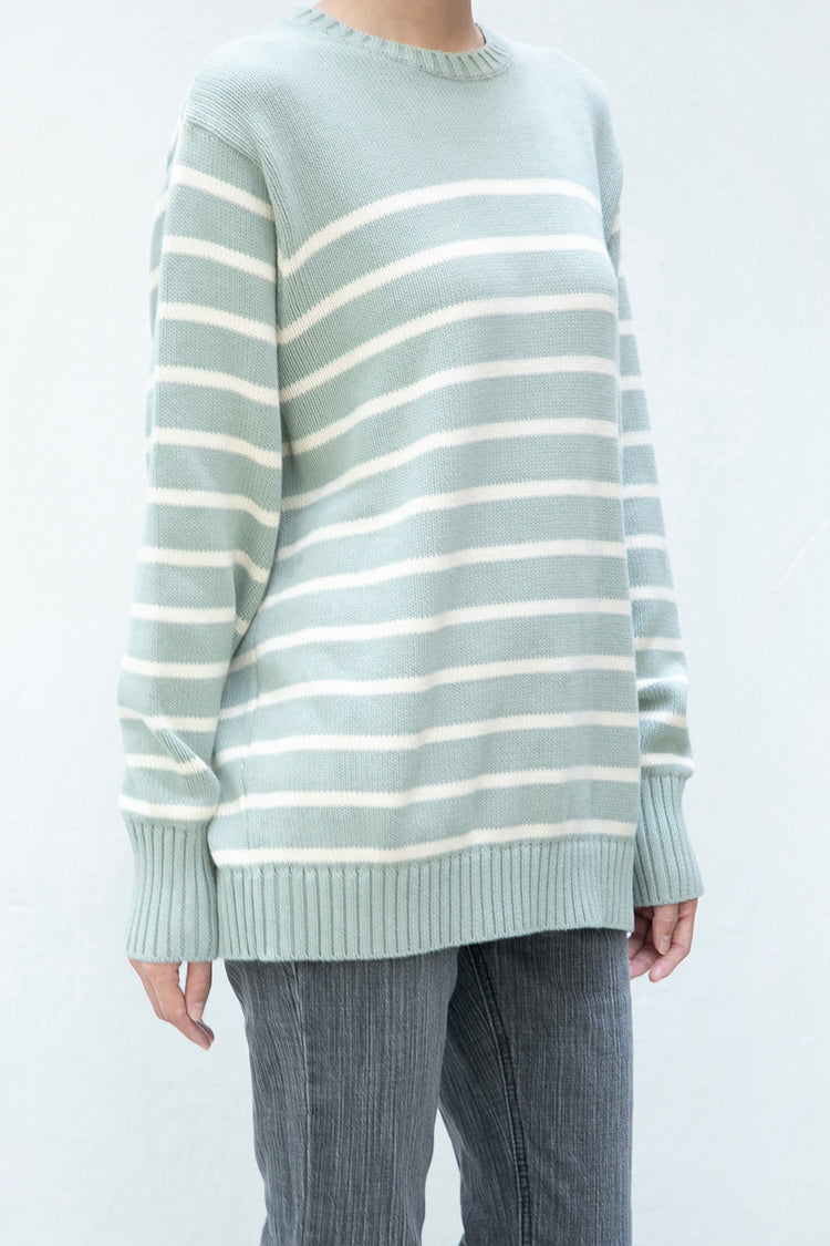 Brianna Cotton Thin Stripe Sweater | Light Green And Beige Stripes / Oversized Fit