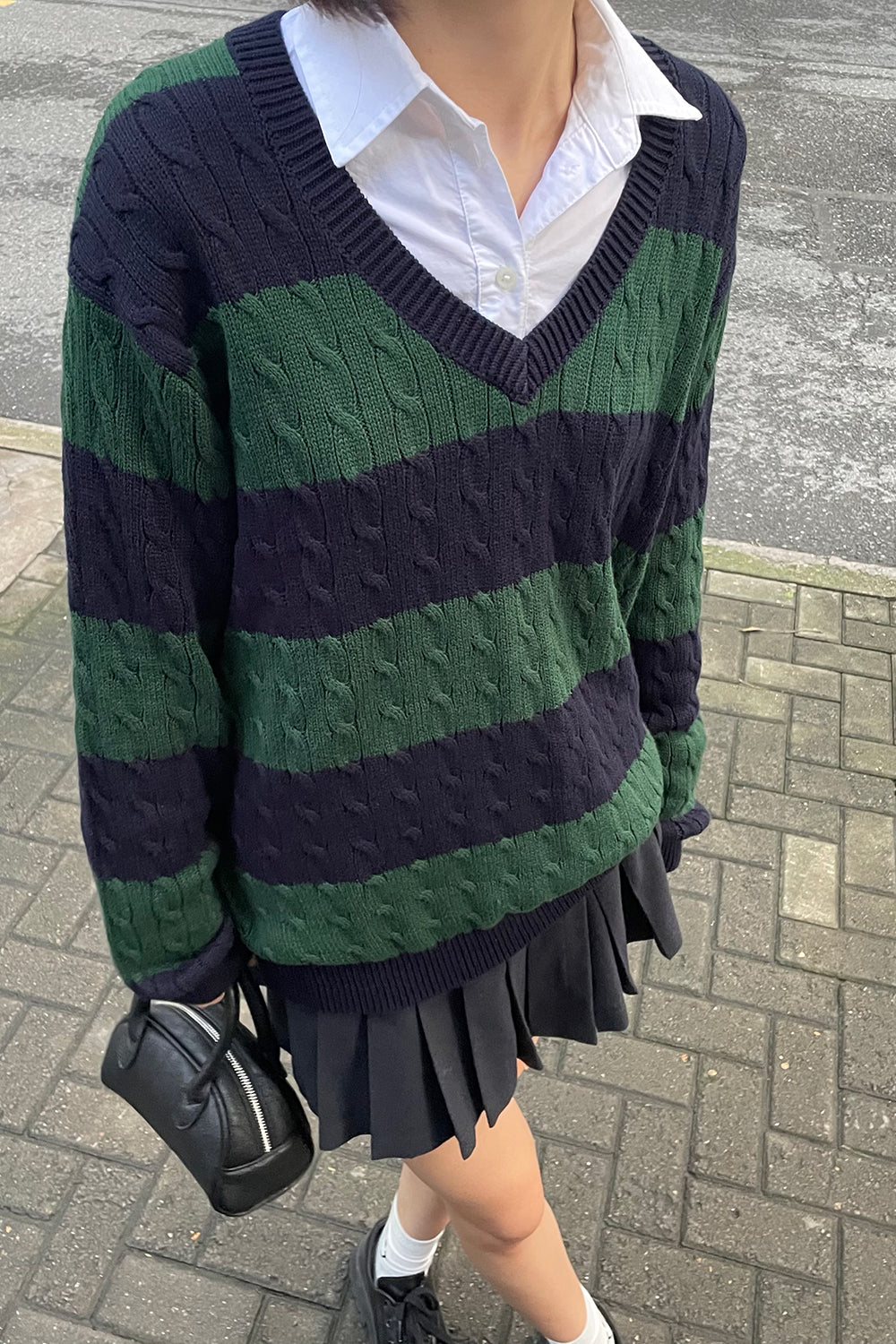 Nikki Cotton Striped Sweater | Navy Blue and Dark Green Stripes / Oversized Fit