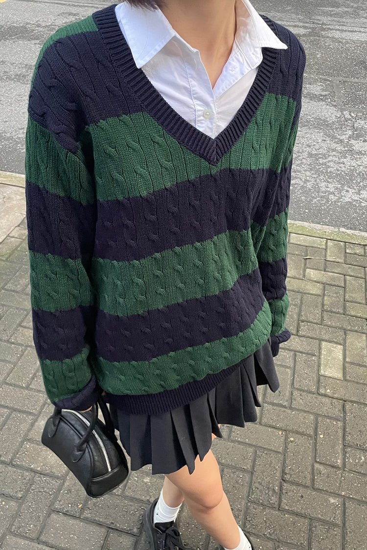 Nikki Cotton Striped Sweater | Navy Blue and Dark Green Stripes / Oversized Fit