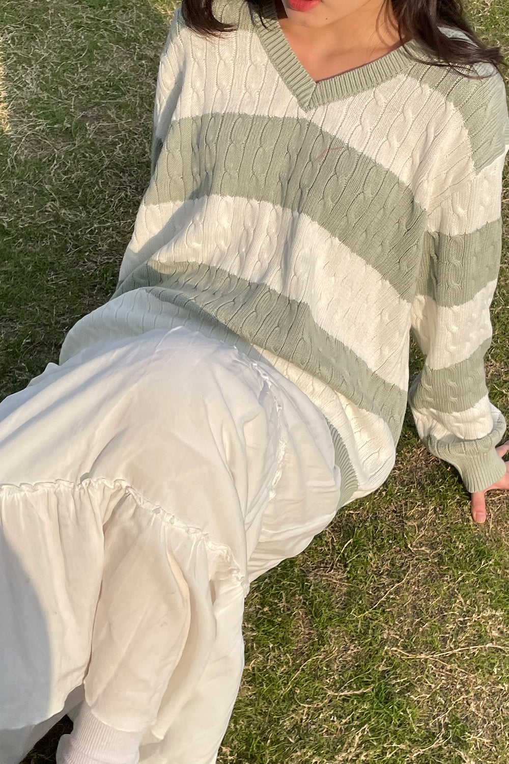Nikki Cotton Striped Sweater | White With Mint Green Stripes / Oversized Fit